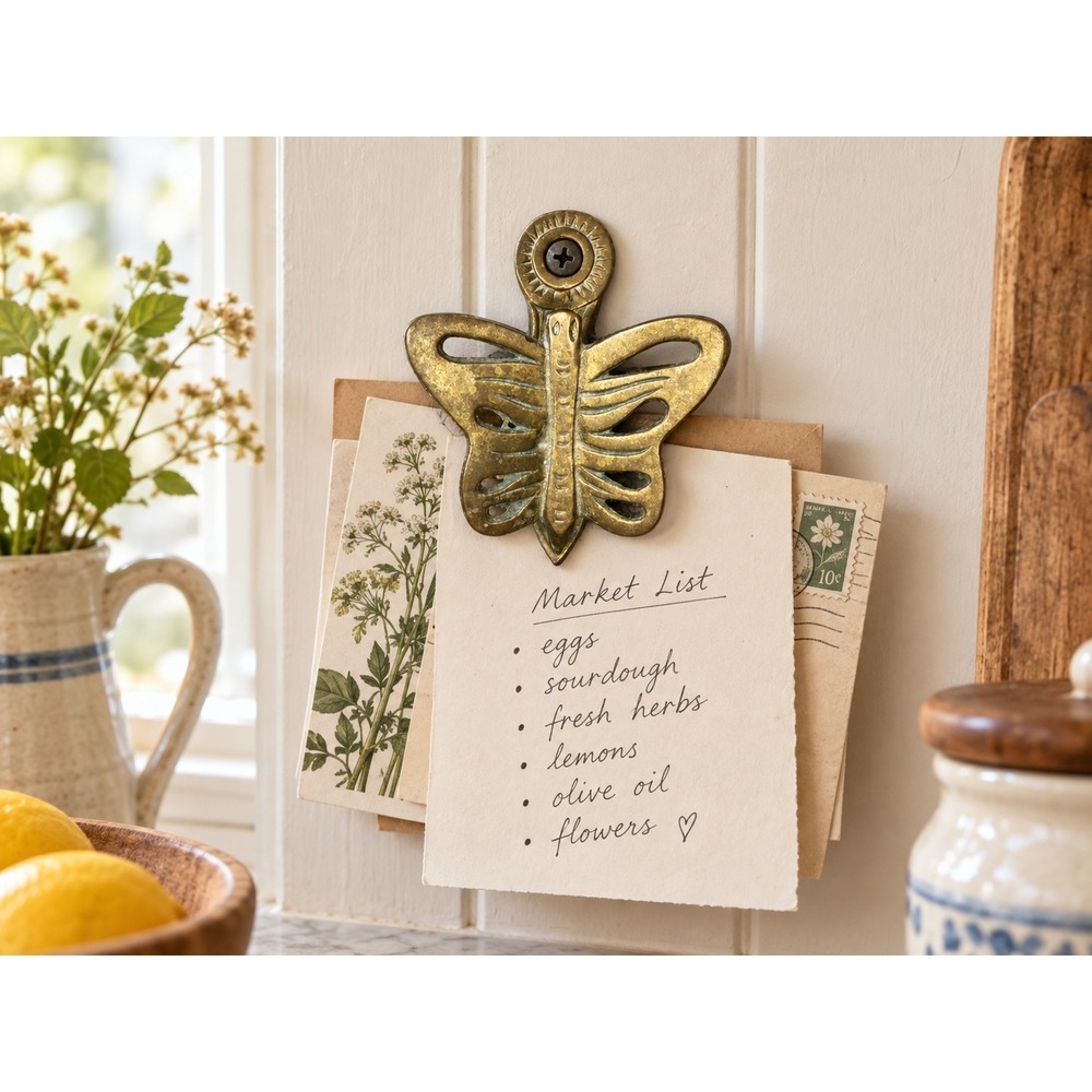 Vintage Brass Butterfly Wall Memo Clip Paper Letter Holder 4" Cottagecore